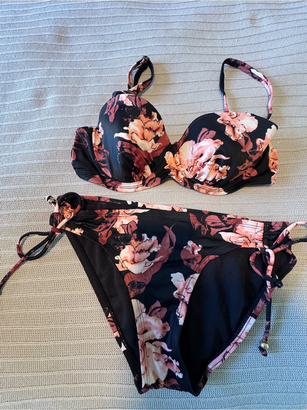 White House Black Market Black Floral Bikini Set with Pink Blossoms